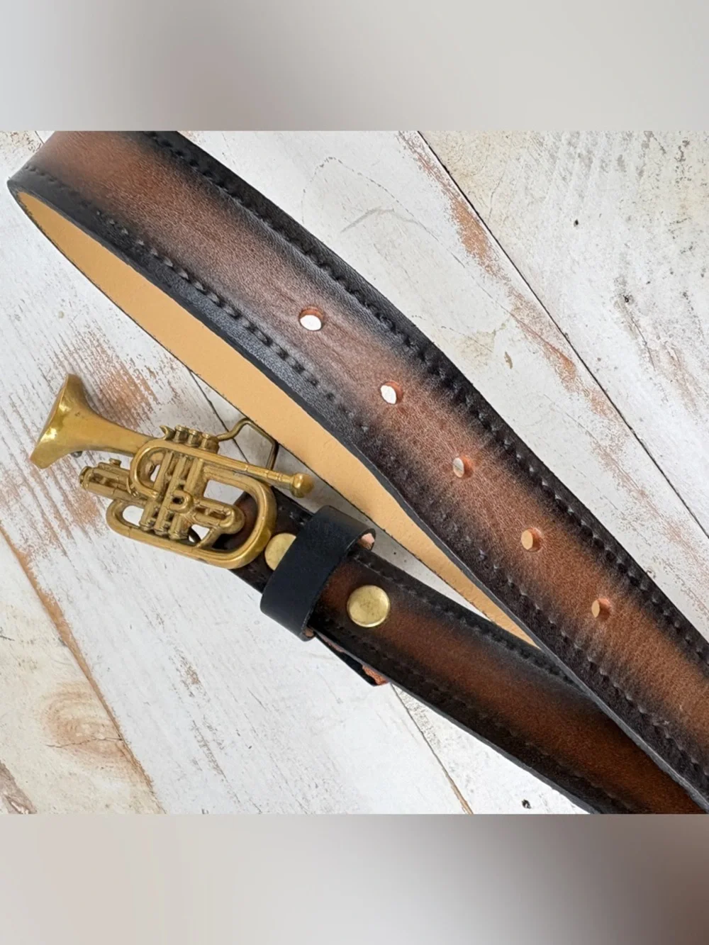 Vintage Baron solid Brass belt Buckle cornet trumpet music band 70s sz 34 belt